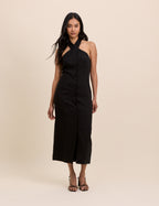 Black Wrap Neck Tailored Midi Dress