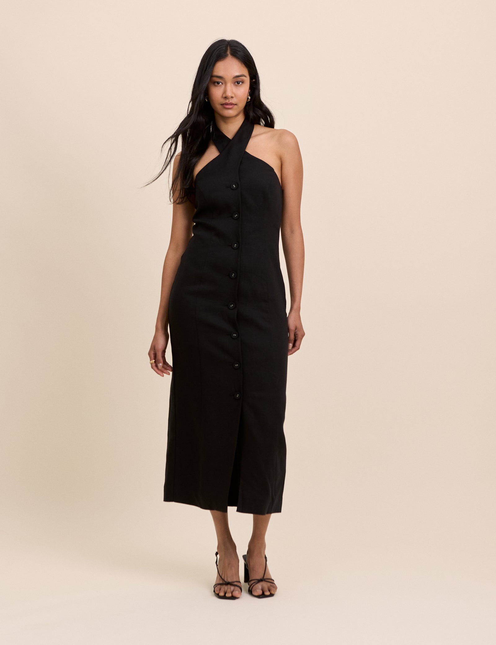 Black Wrap Neck Tailored Midi Dress