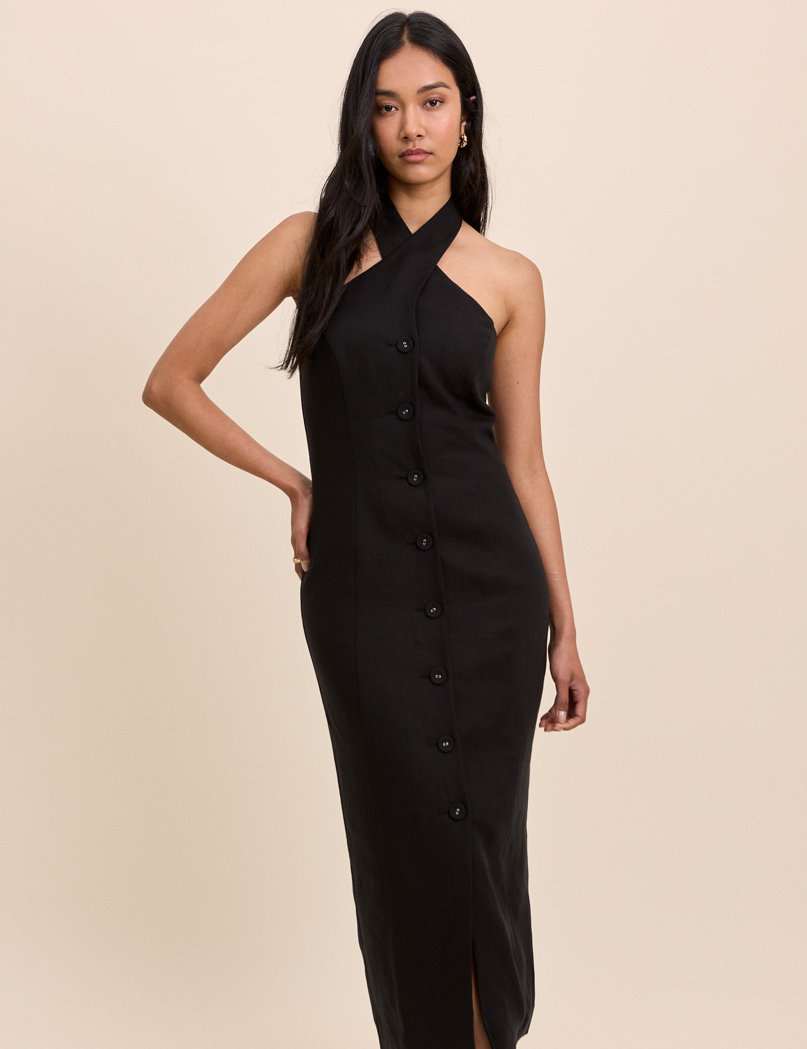 Black Wrap Neck Tailored Midi Dress