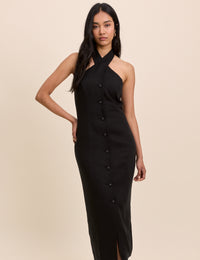 Black Wrap Neck Tailored Midi Dress