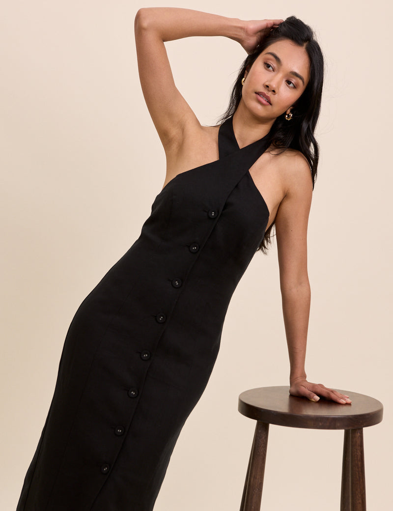 Black Wrap Neck Tailored Midi Dress