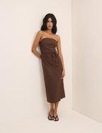 Brown Bandeau Midi Dress