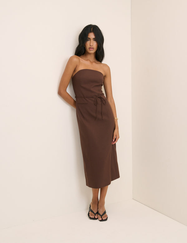 Brown Tailored Bandeau Midi Dress