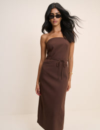 Brown Tailored Bandeau Midi Dress