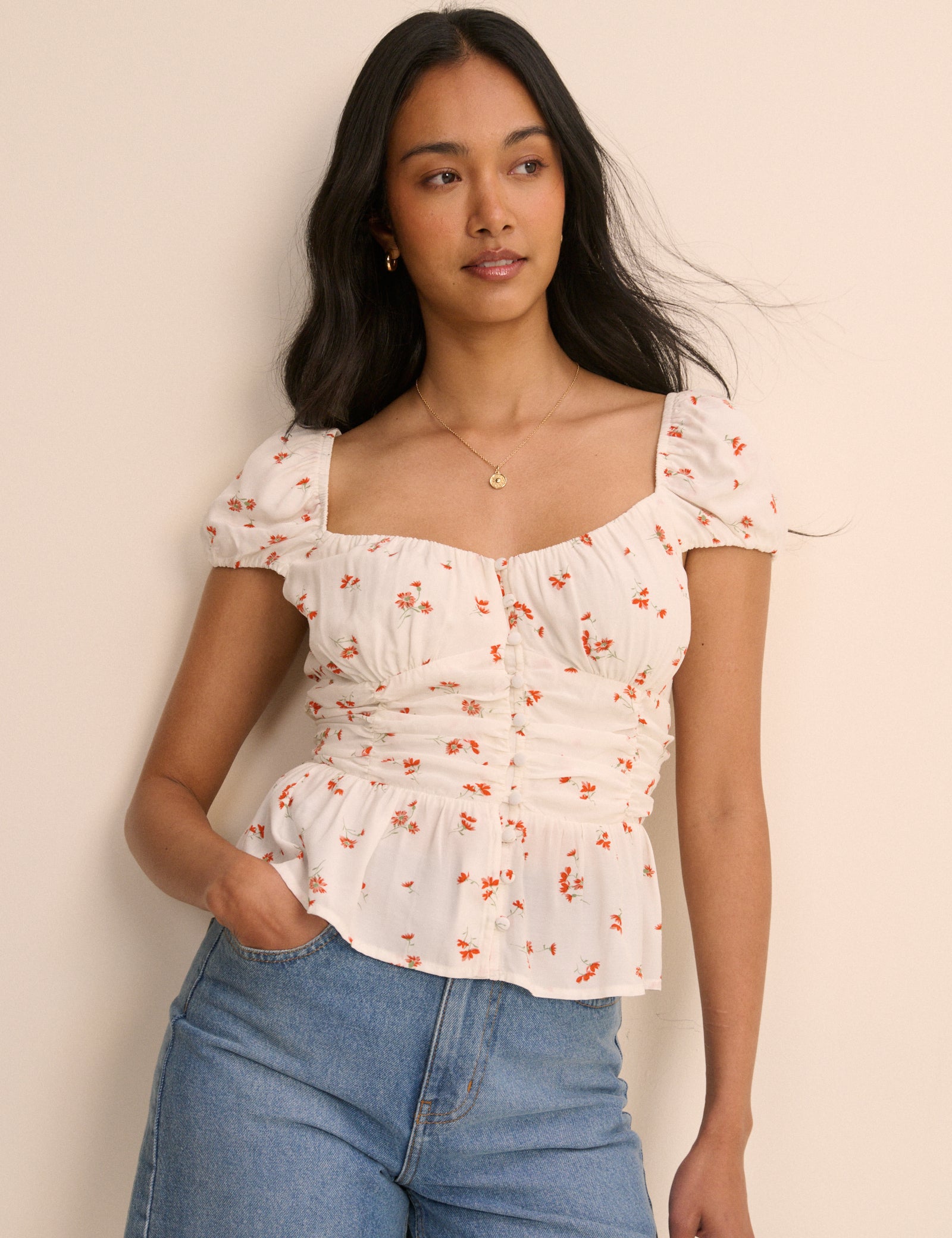 White Floral Ruched Top