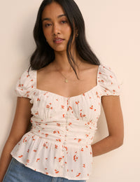 White Floral Ruched Top