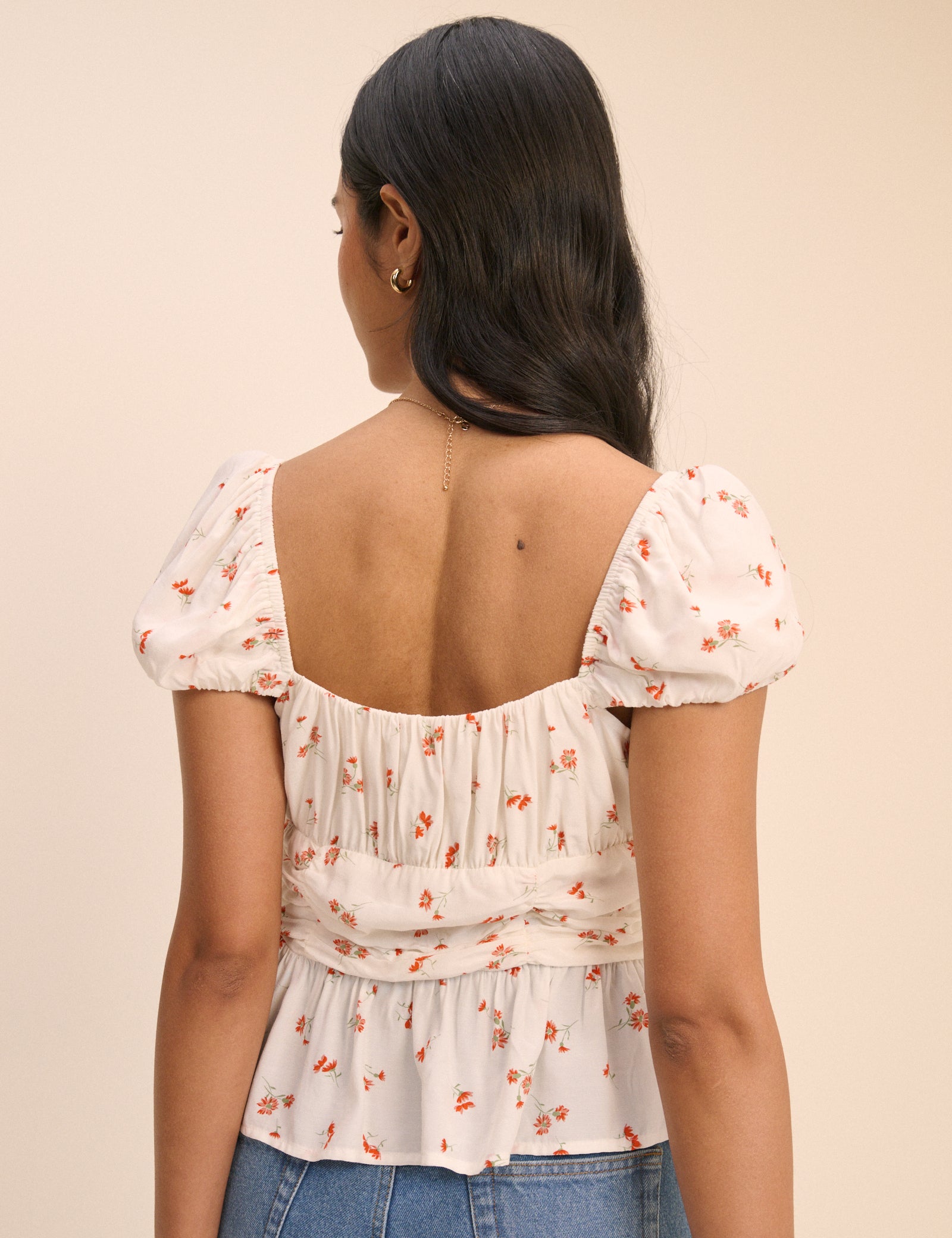 White Floral Ruched Top