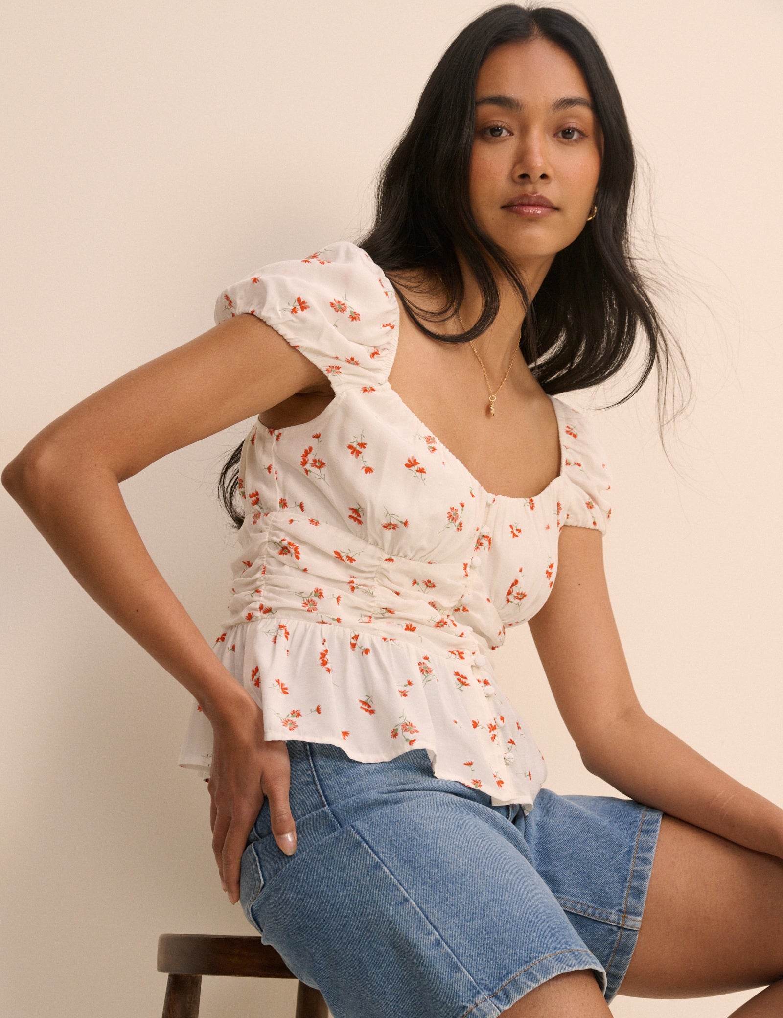 White Floral Ruched Top