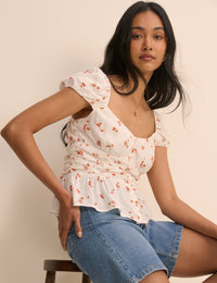 White Floral Ruched Top