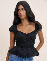 Black Ruched Puff Sleeve Caia Top