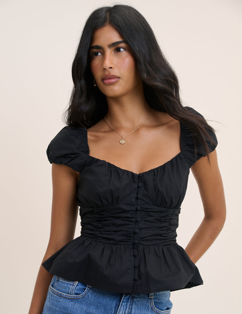 Black Ruched Puff Sleeve Caia Top