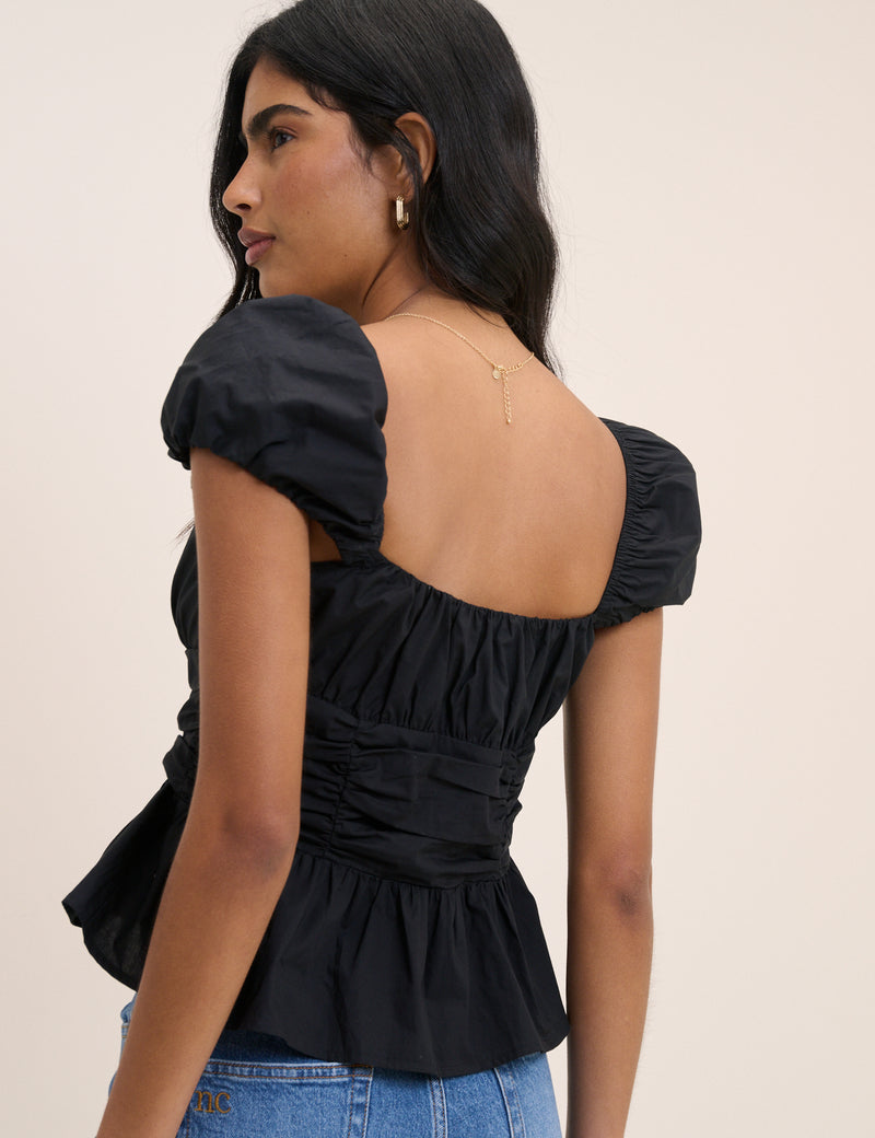 Black Ruched Puff Sleeve Caia Top