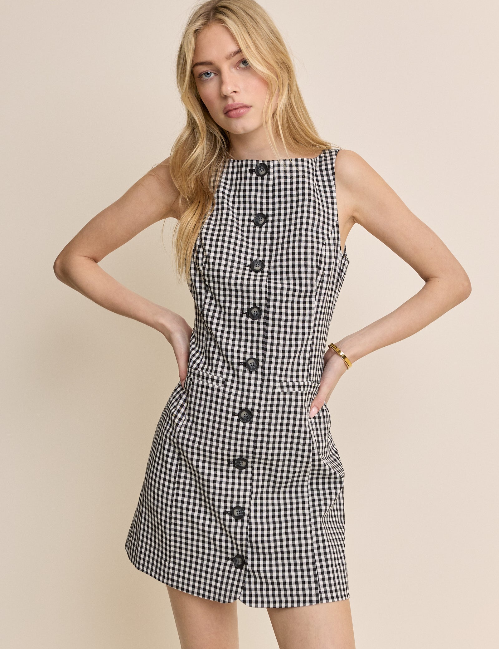 Black Gingham Slash Neck Tailored Mini Dress