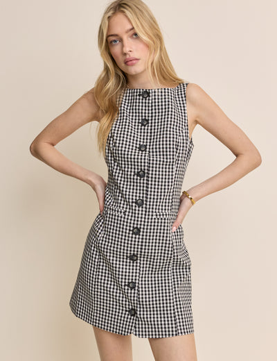 Black Gingham Boat Neck Tailored Mini Dress