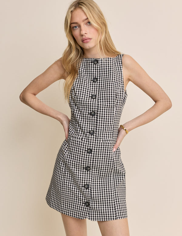 Black Gingham Slash Neck Tailored Mini Dress