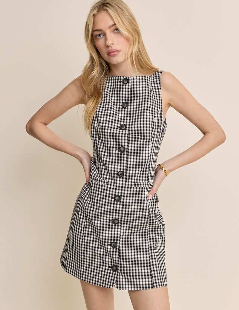 Black Gingham Boat Neck Tailored Mini Dress