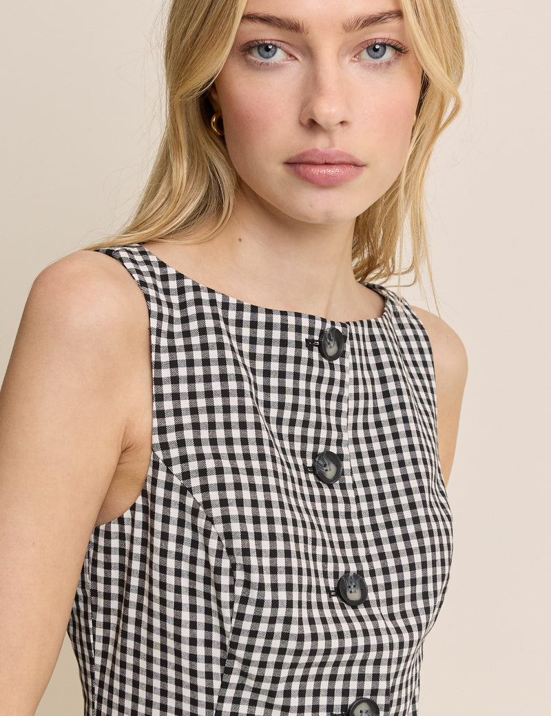 Black Gingham Boat Neck Tailored Mini Dress
