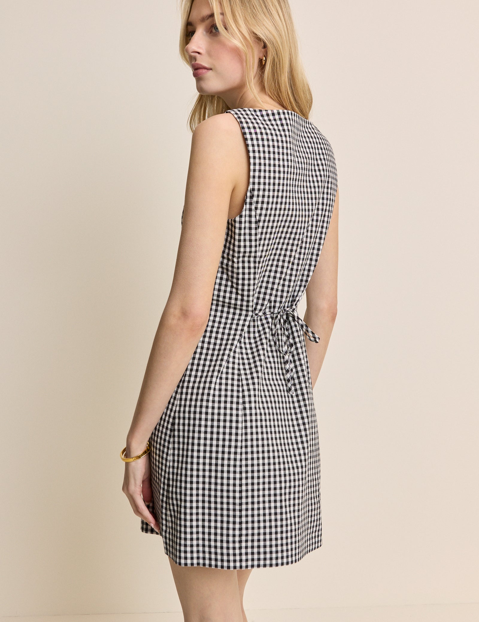 Black Gingham Slash Neck Tailored Mini Dress