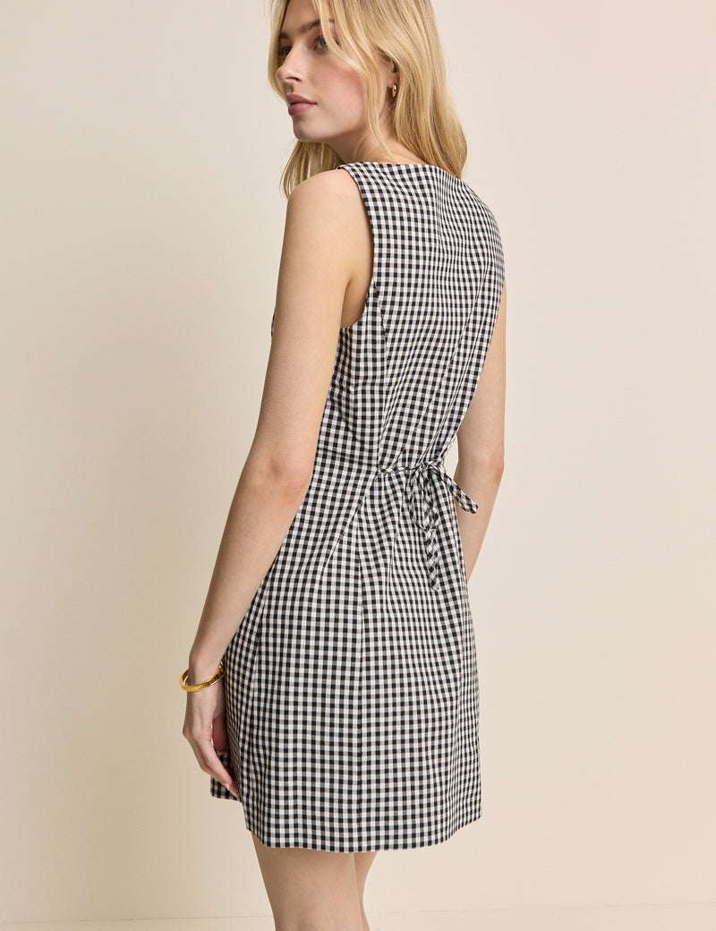 Black Gingham Boat Neck Tailored Mini Dress