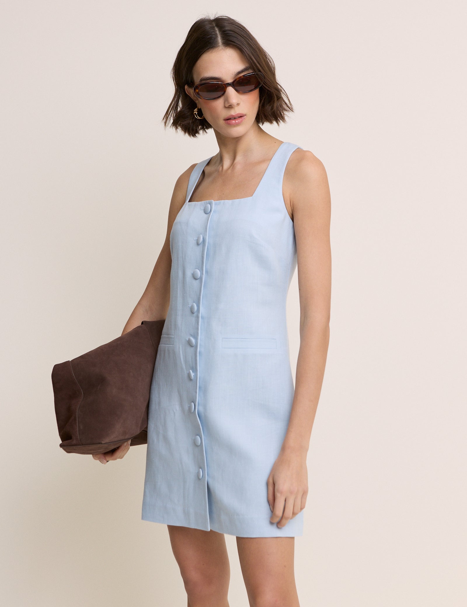 tailored mini dress Carlin | White Plunge-Neck With Button Detailing structured fit Square Neck Tailored Mini Dress