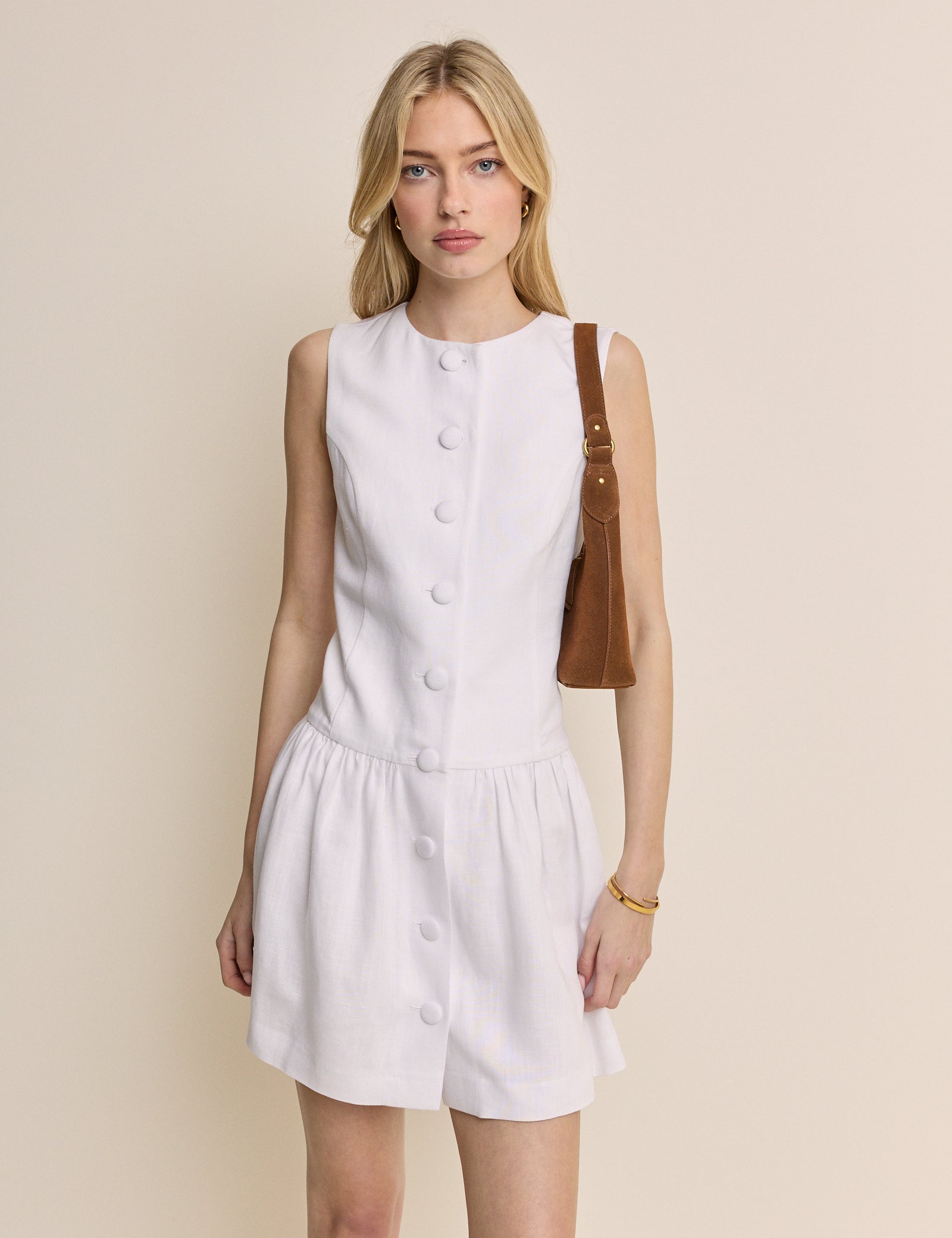 White Tailored Drop Waist Mini Dress
