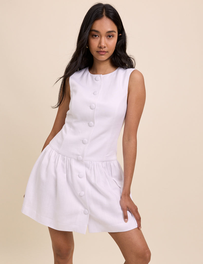 White Button Front Drop Waist Mini Dress