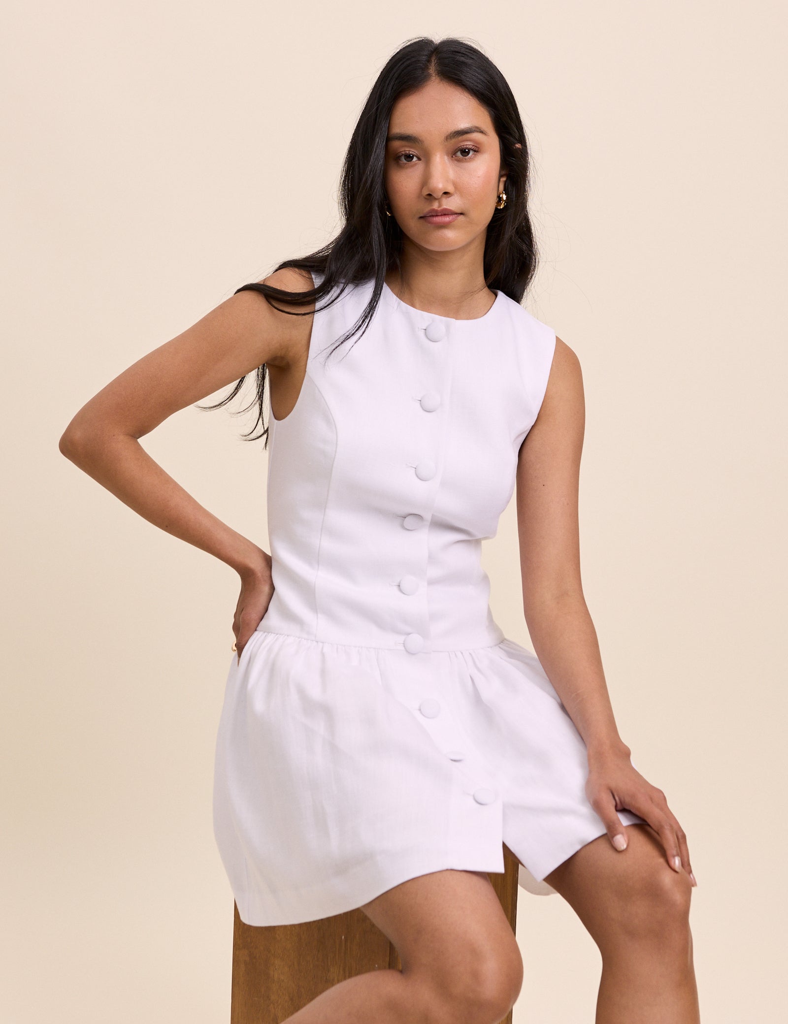 drop waist white mini dress White Tailored Drop Waist Mini Dress