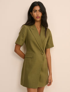 Khaki tailored asymmetric mini dress with short sleeves