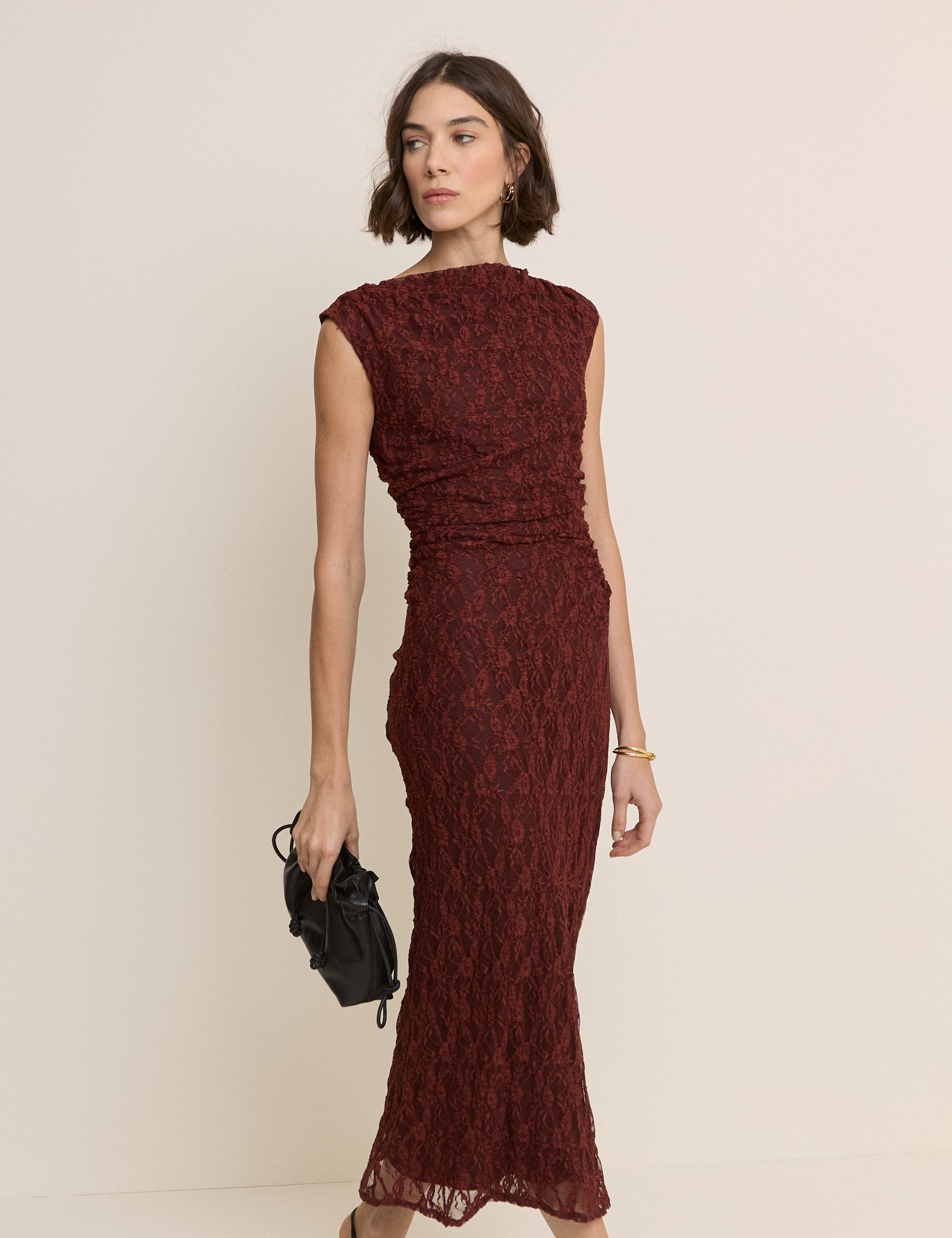 Burgundy Floral Lace Cece Jersey Maxi Dress
