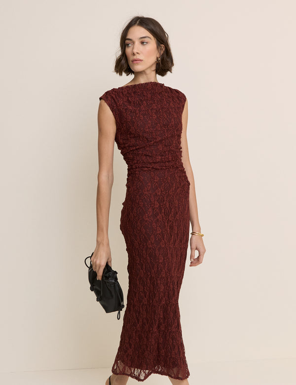 Burgundy Floral Lace Cece Midi Dress