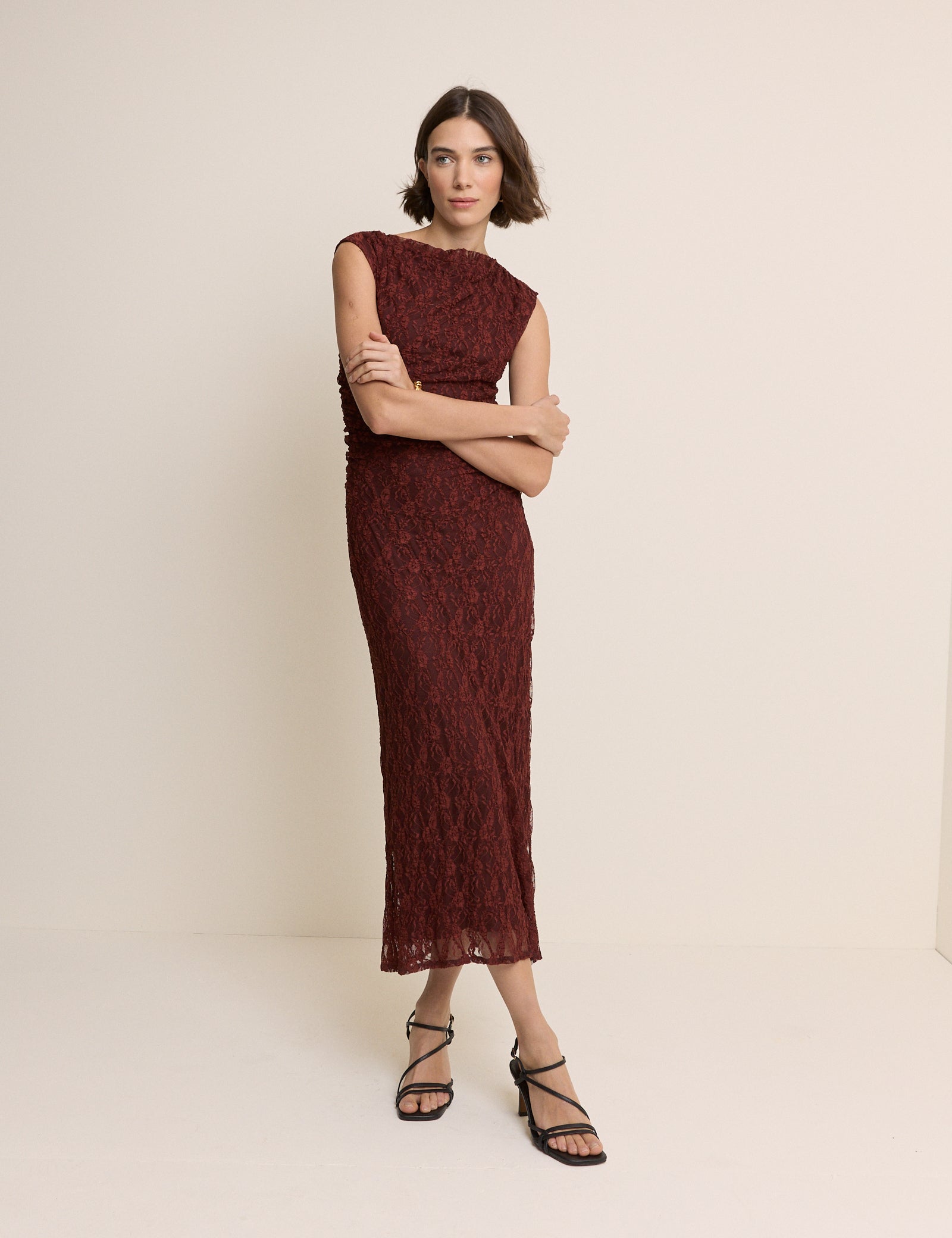 Burgundy Floral Lace Cece Jersey Maxi Dress