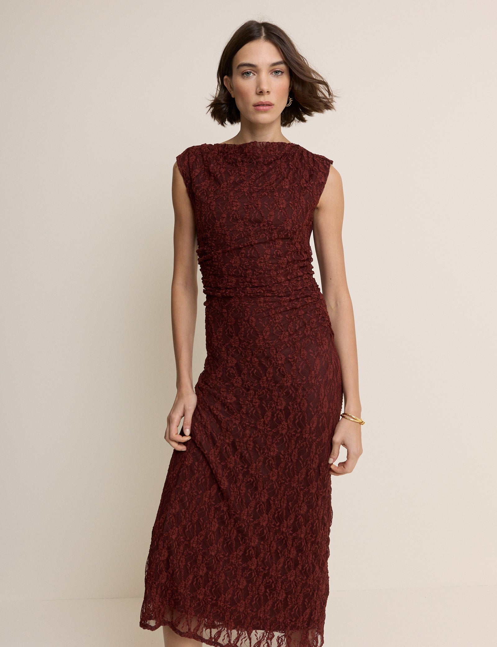 Burgundy Floral Lace Cece Jersey Maxi Dress