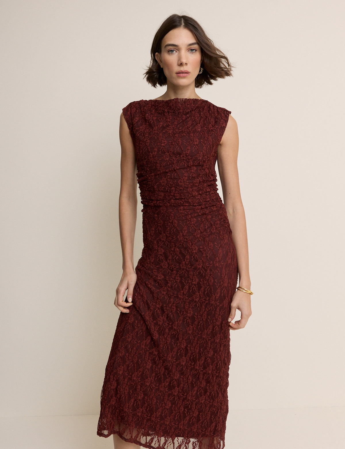 Burgundy Floral Lace Cece Jersey Maxi Dress