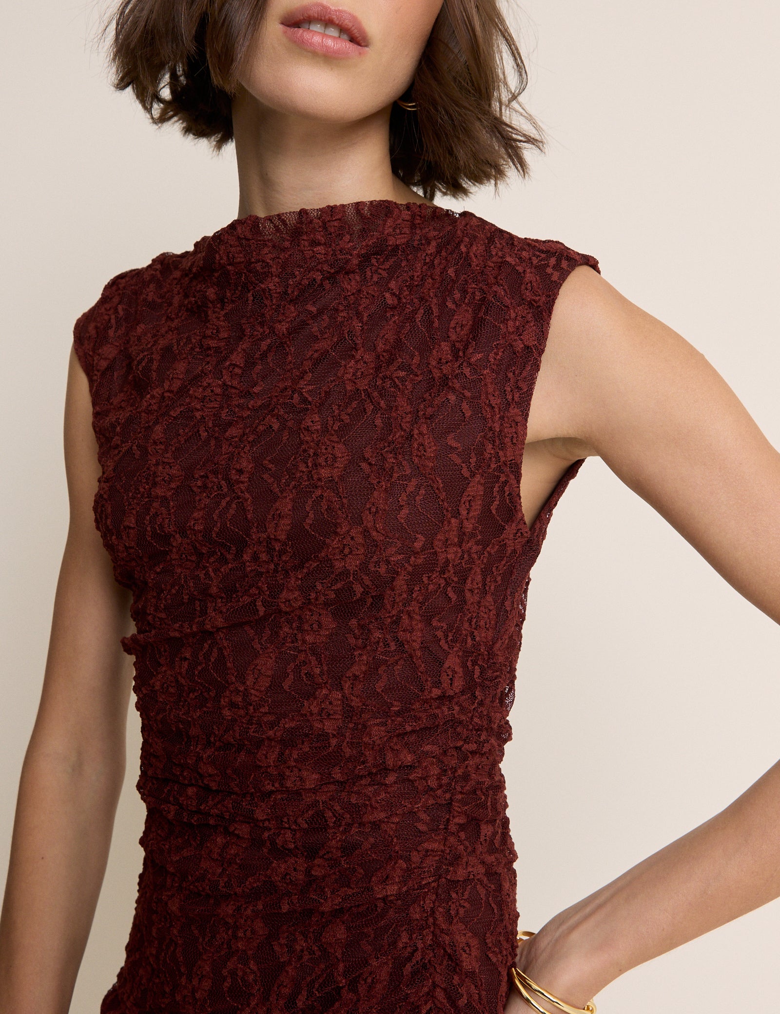 Burgundy Floral Lace Cece Jersey Maxi Dress