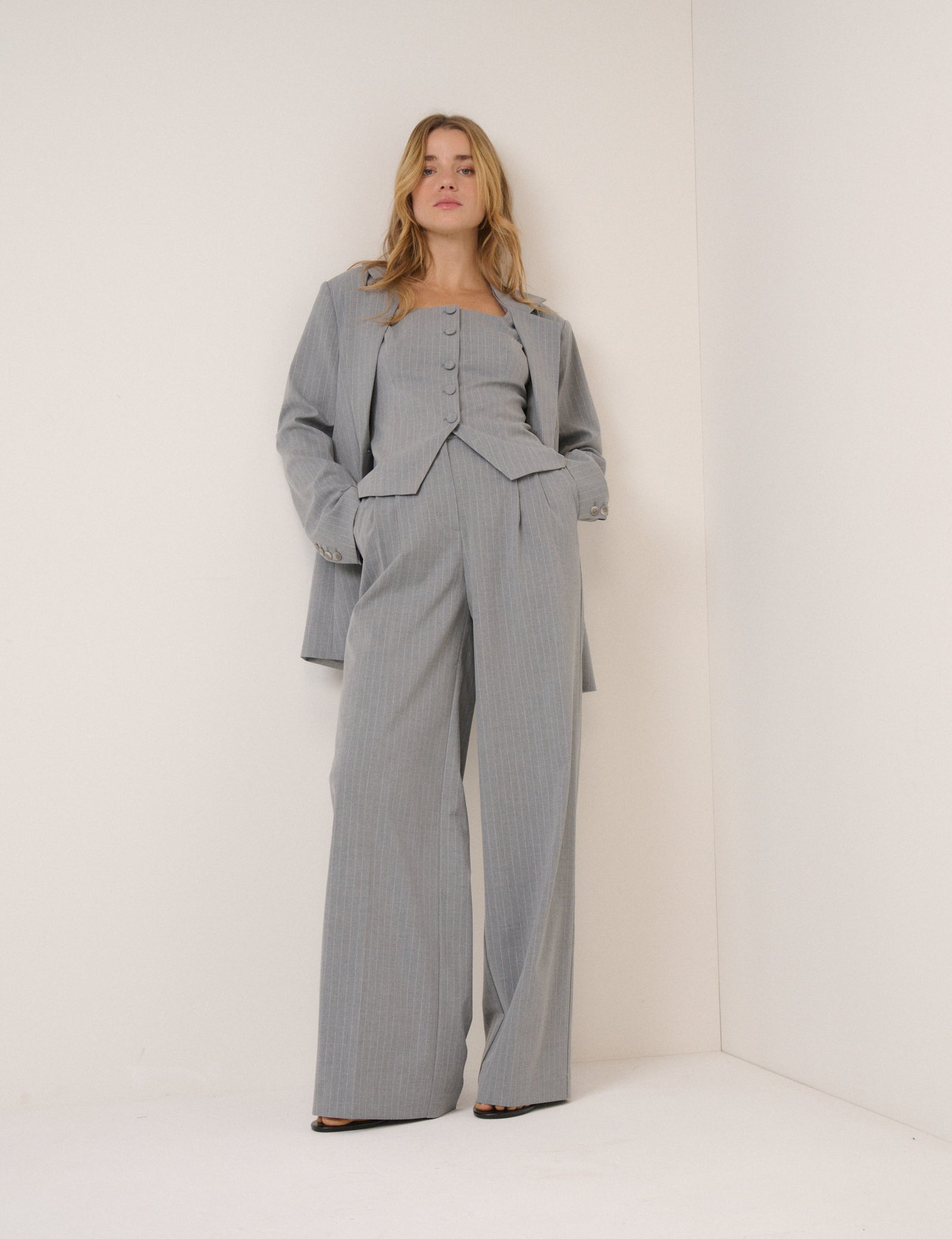 Grey Pinstripe Square Neck Waistcoat