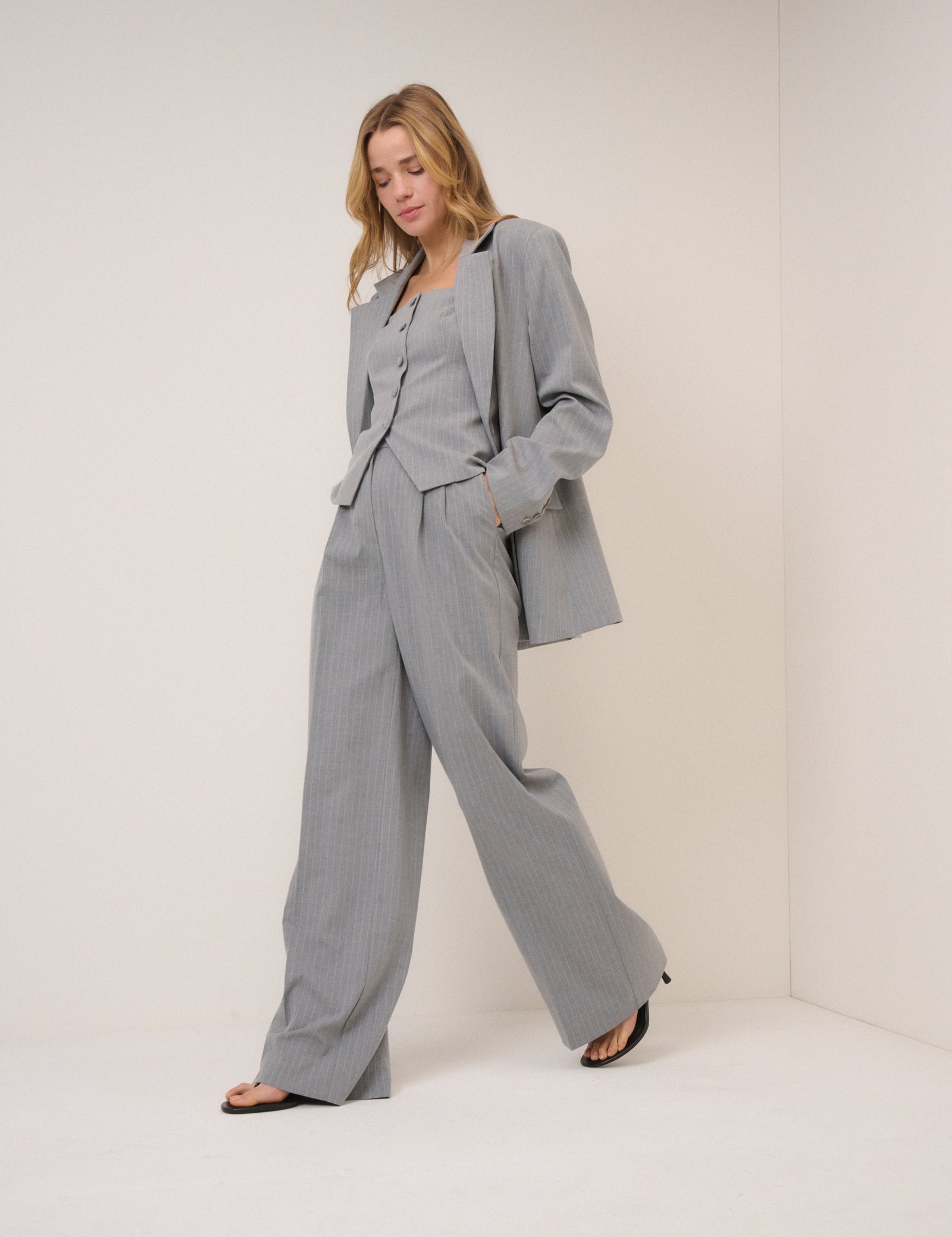 Grey Pinstripe Tailored Wide Leg Trousers