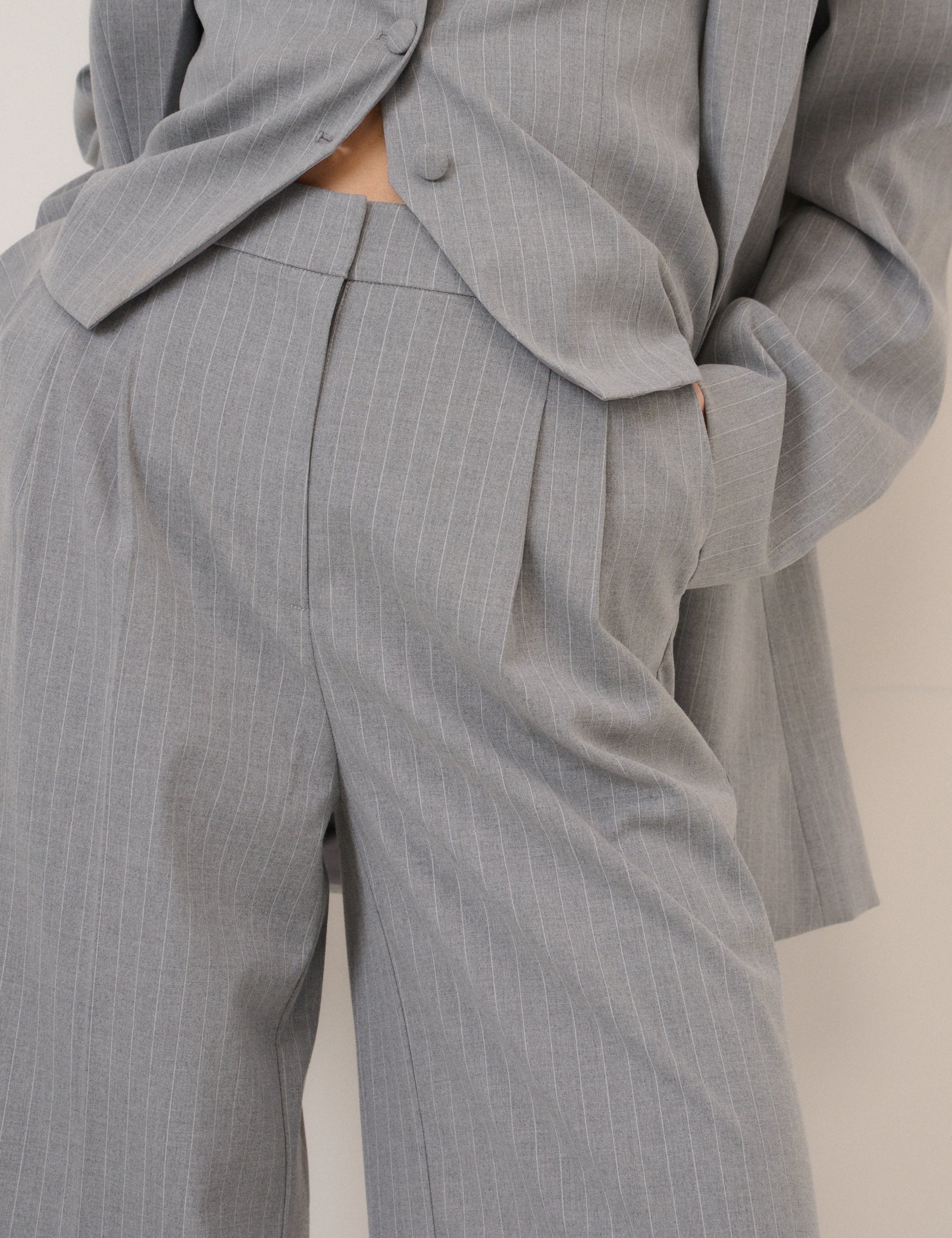 Grey Pinstripe Tailored Wide Leg Trousers