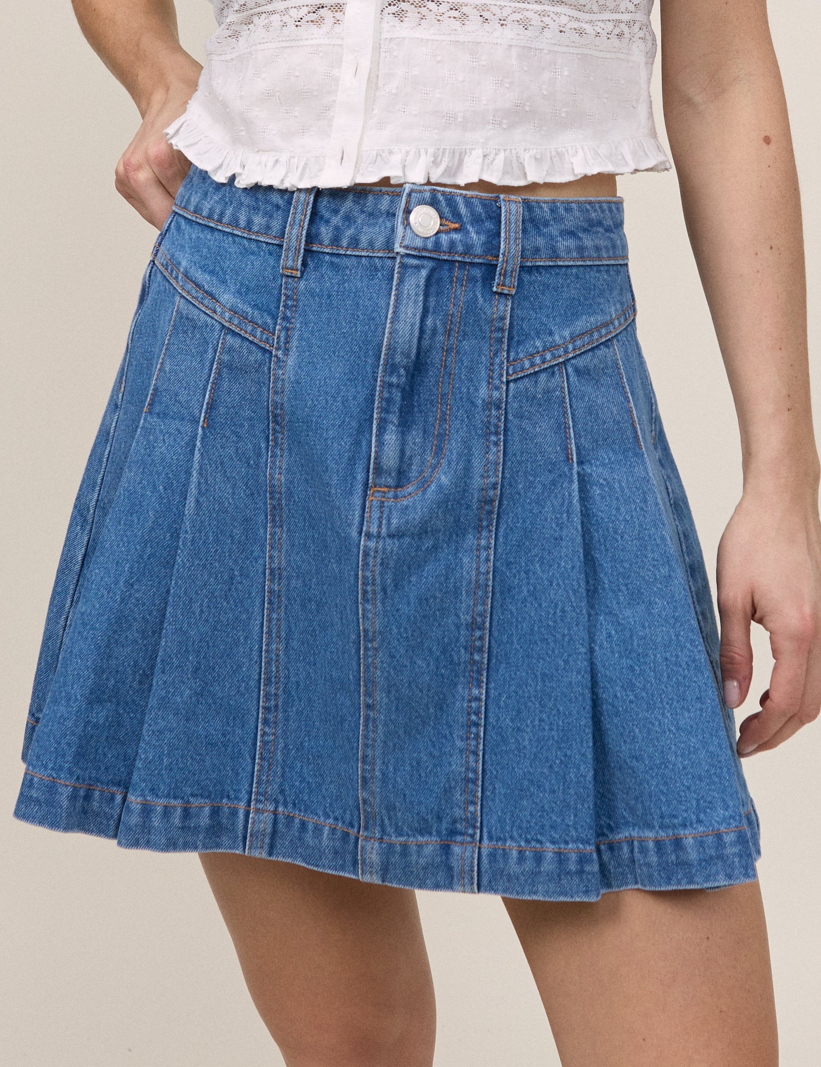 Blue Denim Pleated Mini Skirt