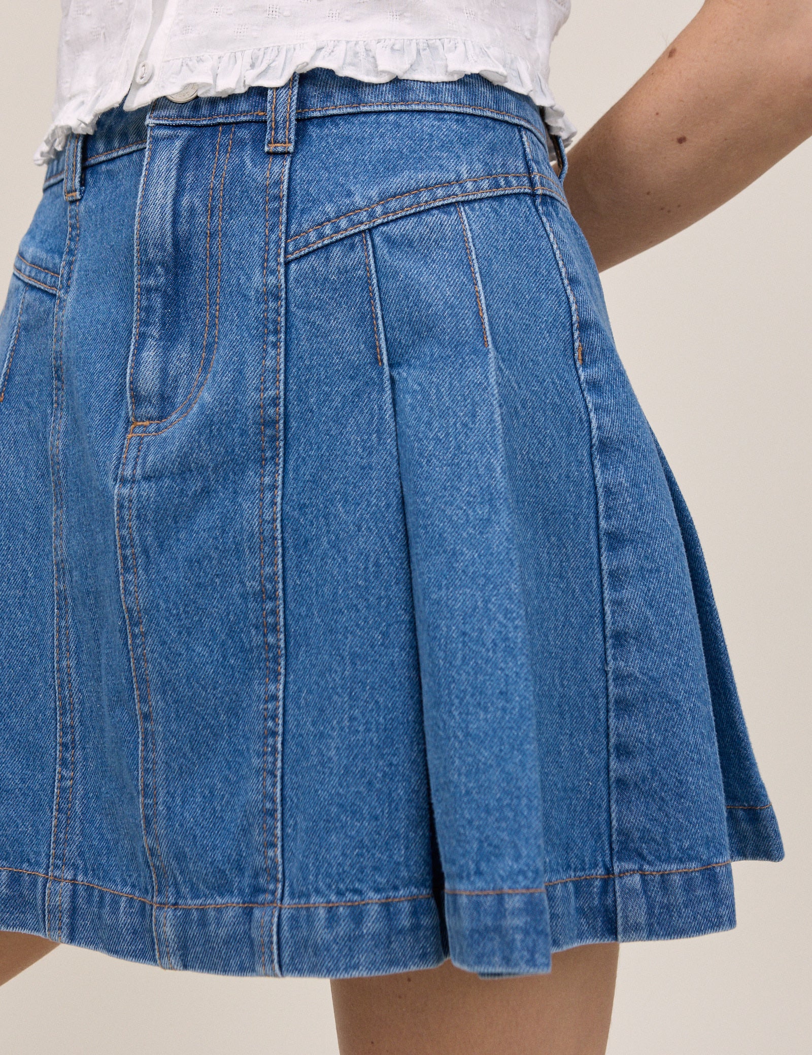 Blue Denim Pleated Mini Skirt