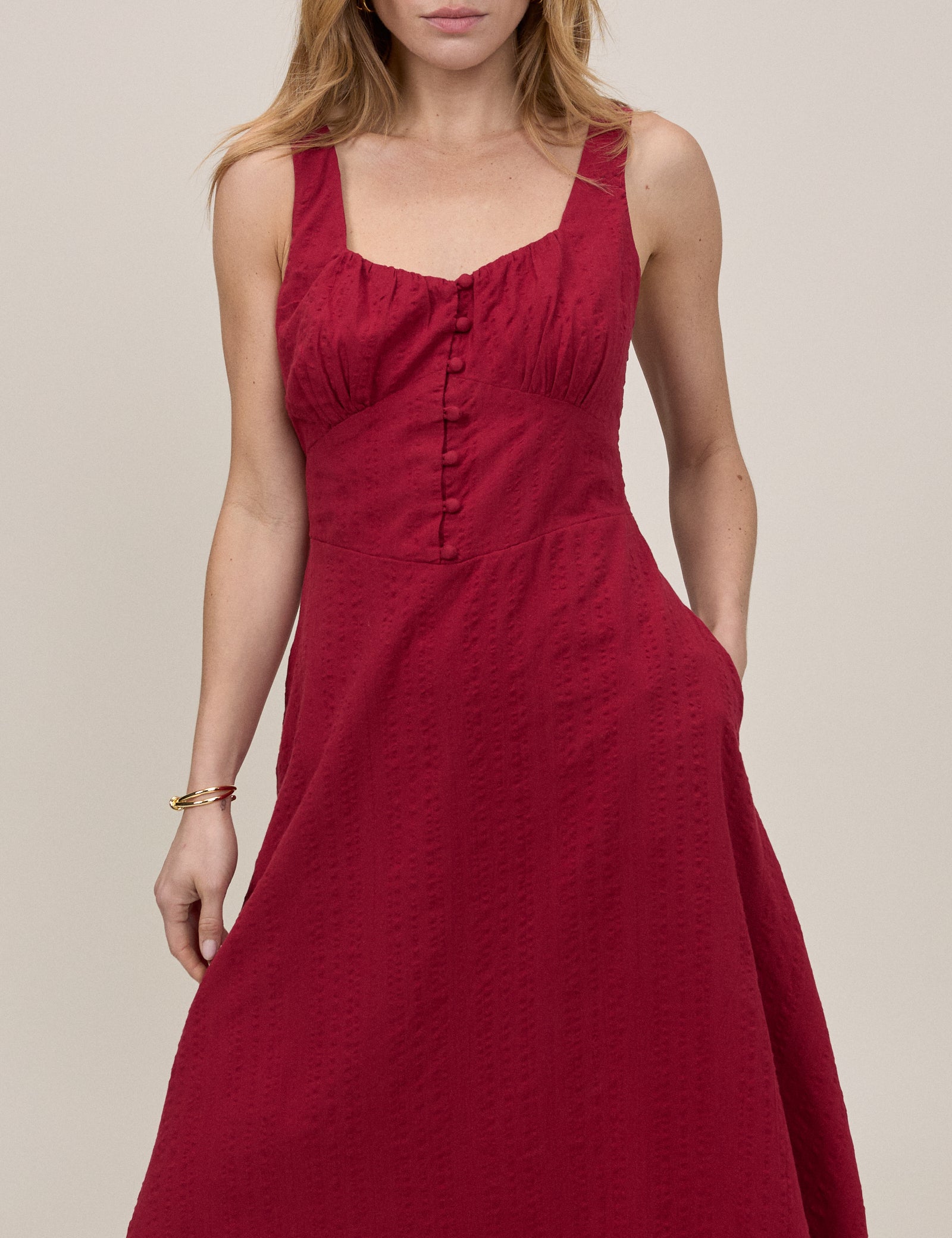 Red Button Front Sleeveless Melody Midi Dress