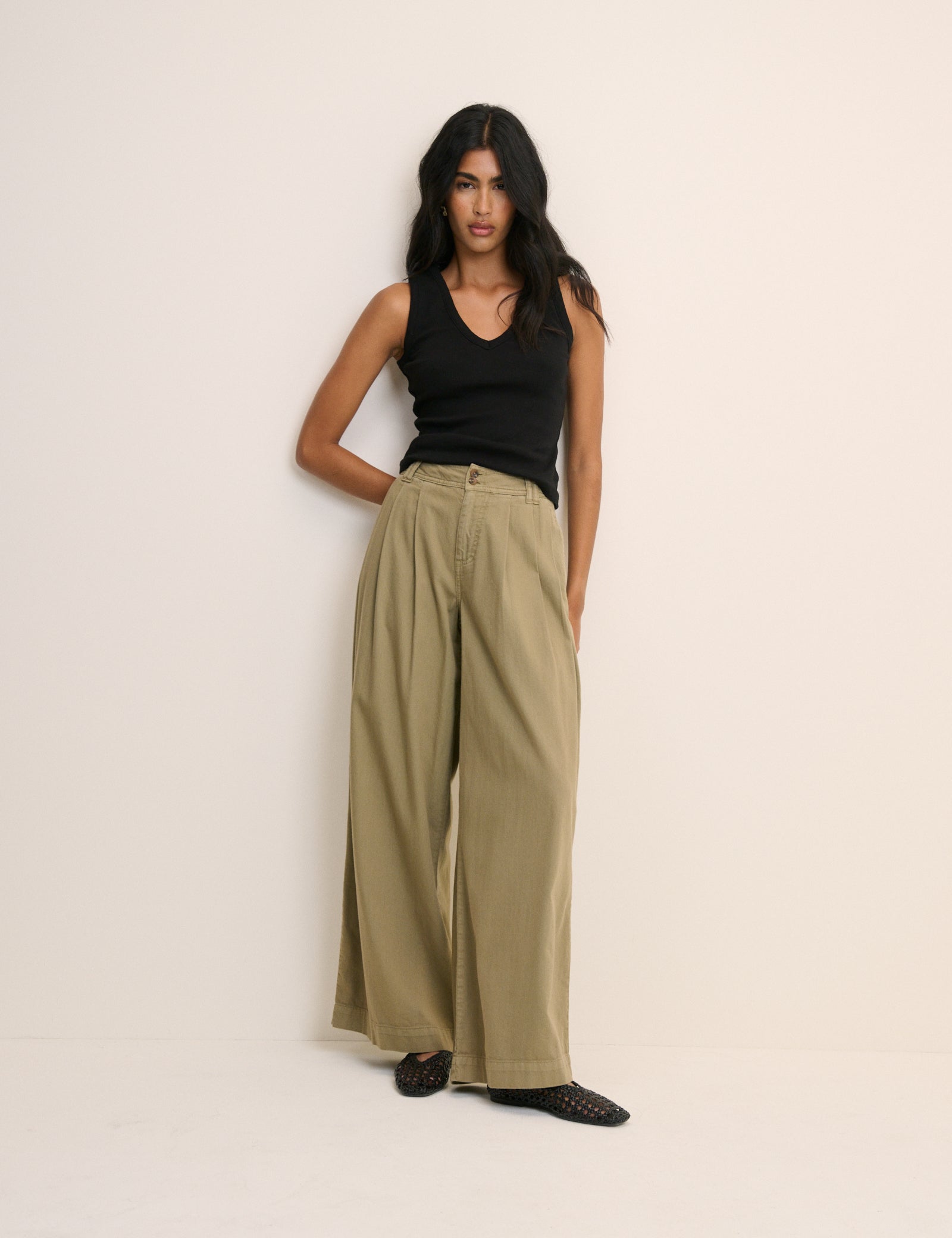 Green Pleated Wide Leg Trousers