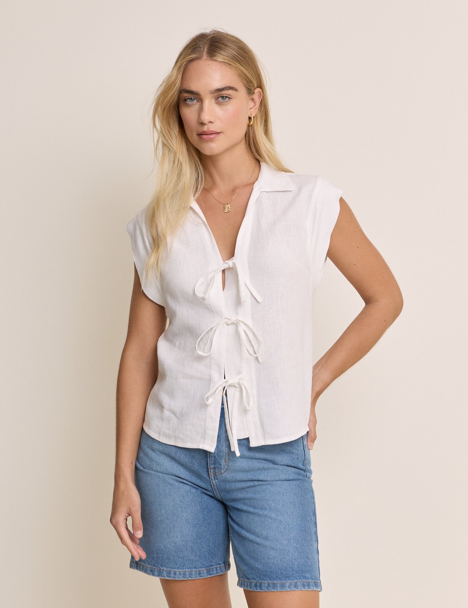 White Collared Tie Front Ember Top