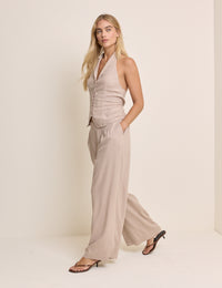 Beige Linen-Blend Halter Neck Moss Waistcoat