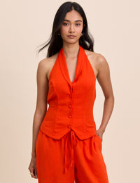 Orange Moss Linen-Blend Halterneck Waistcoat