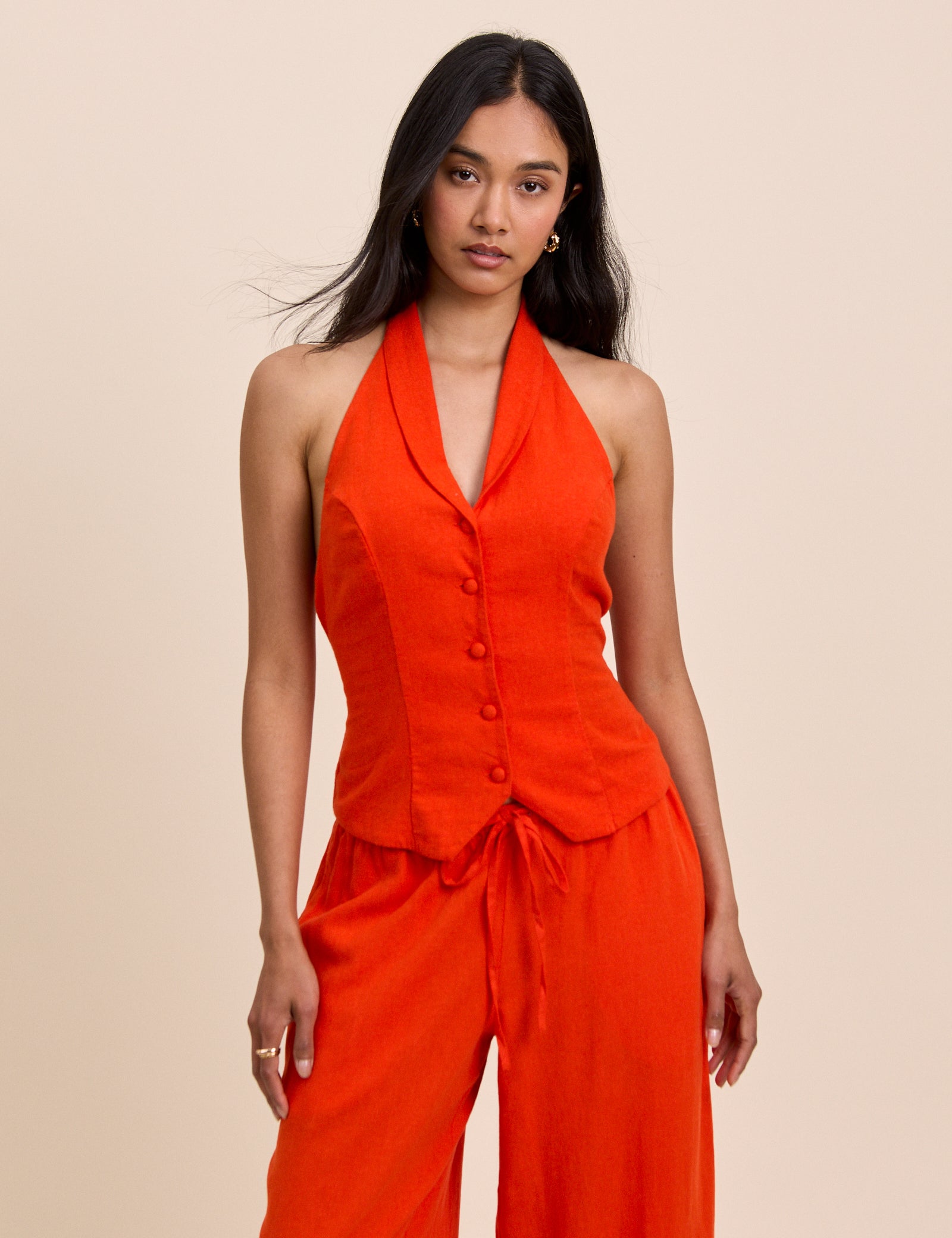 Orange Moss Linen-Blend Halterneck Waistcoat
