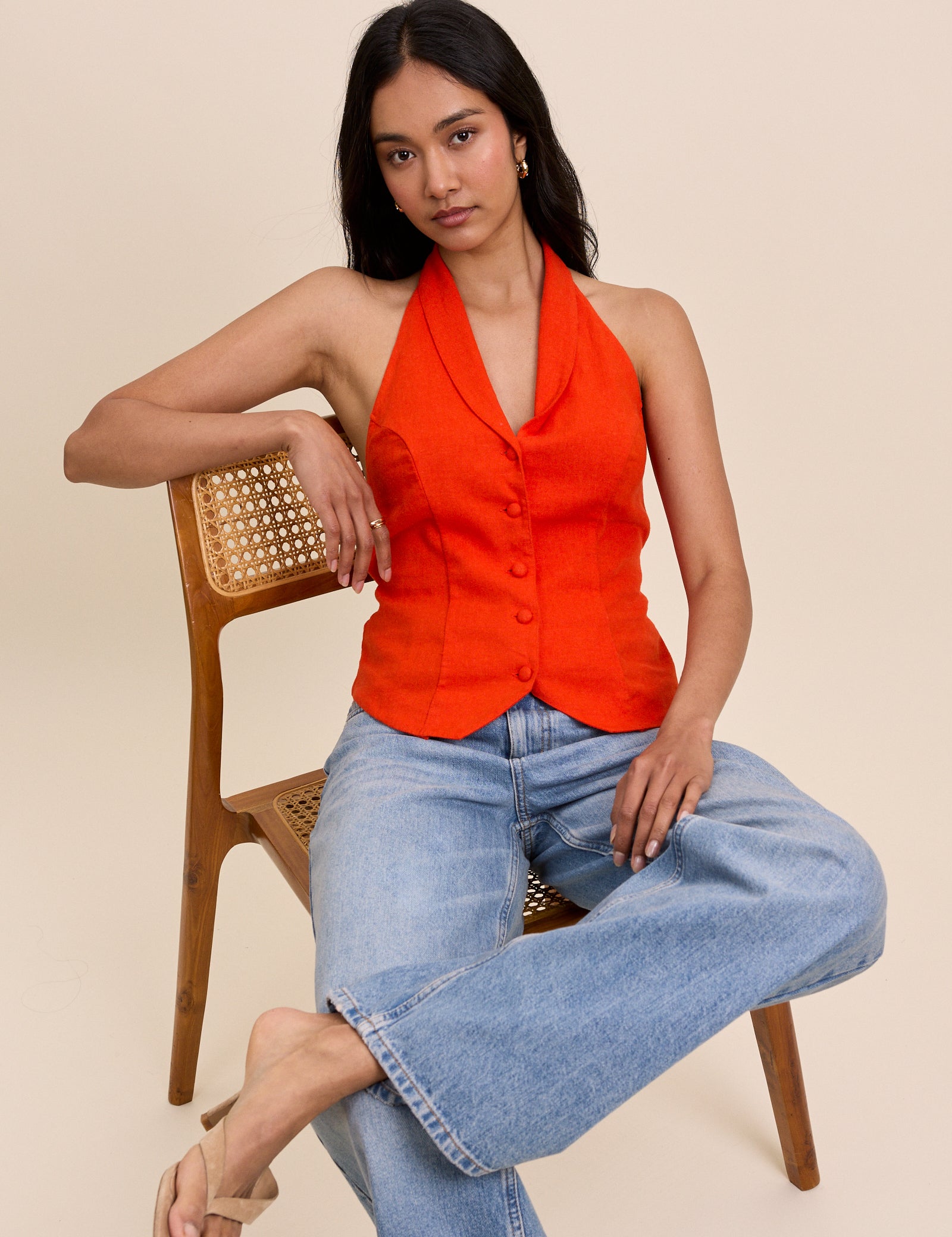 Orange Moss Linen-Blend Halterneck Waistcoat