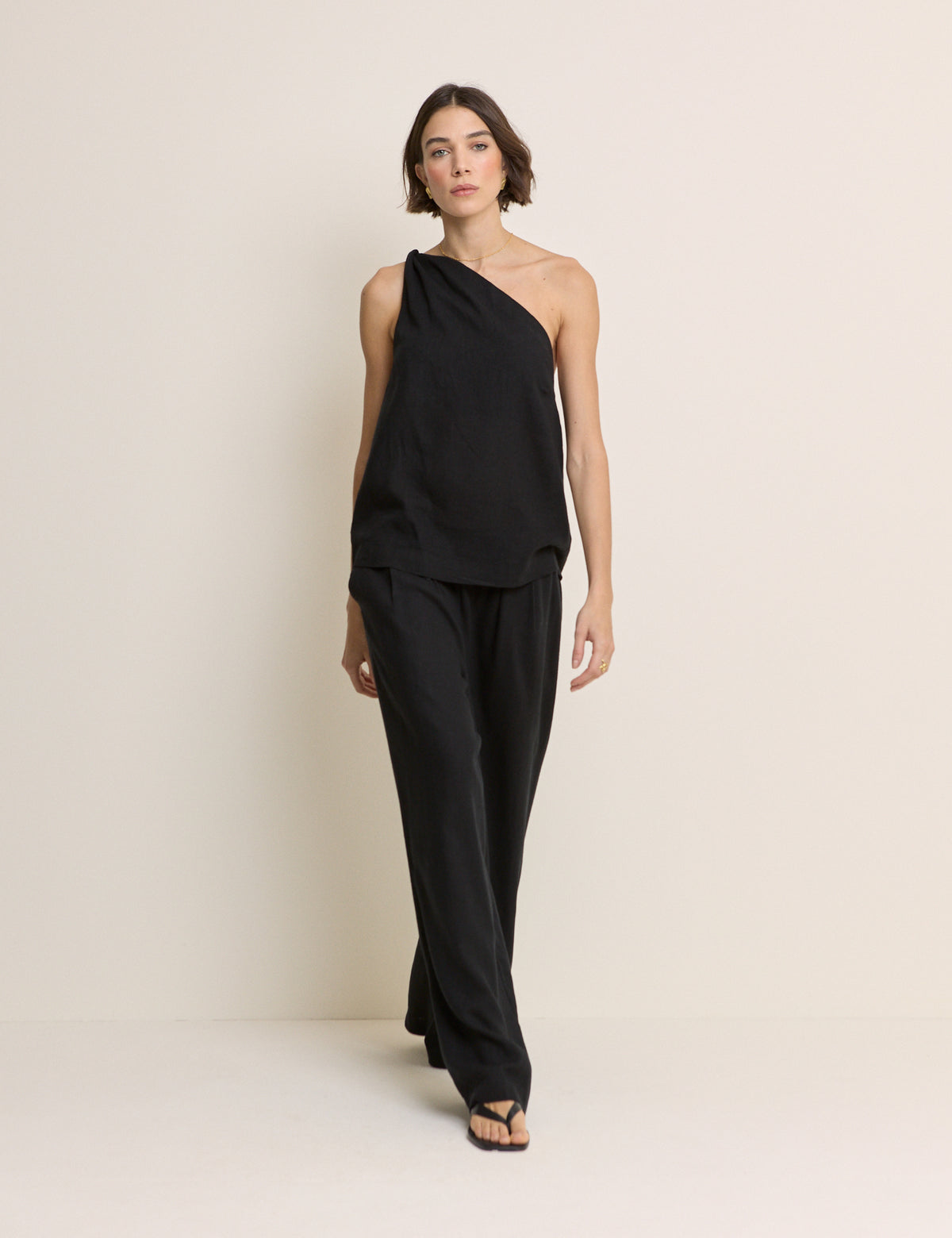Black Linen-Blend One Shoulder Twisted Top