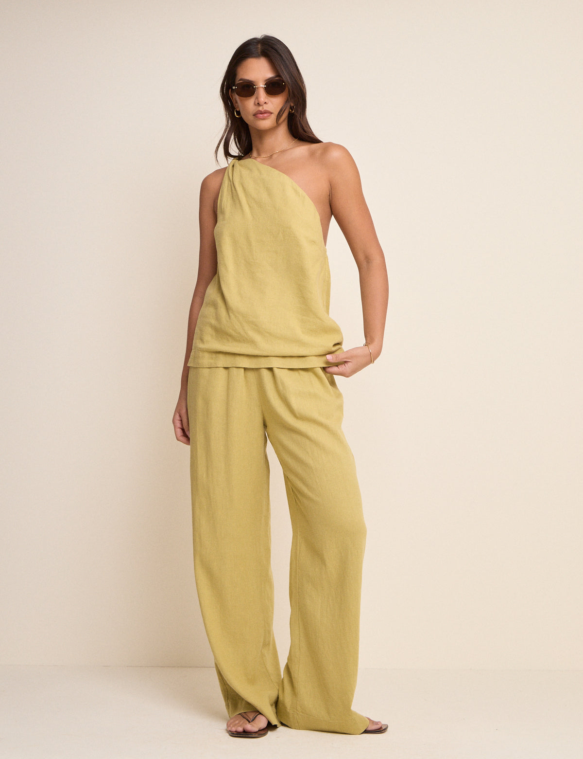 Sage Green Linen-Blend One Shoulder Twisted Top