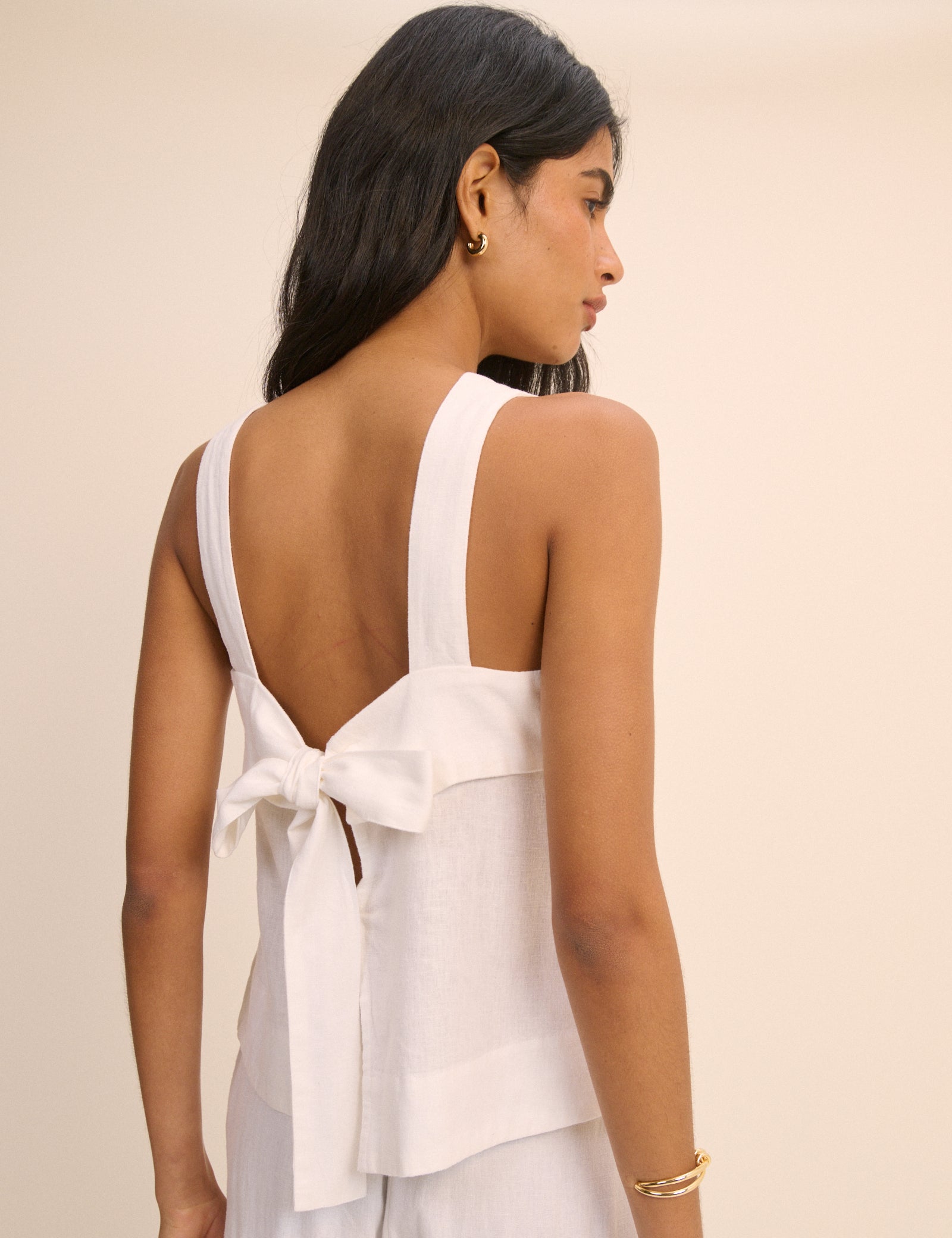 White Tie Back Linen-Blend Tank Top