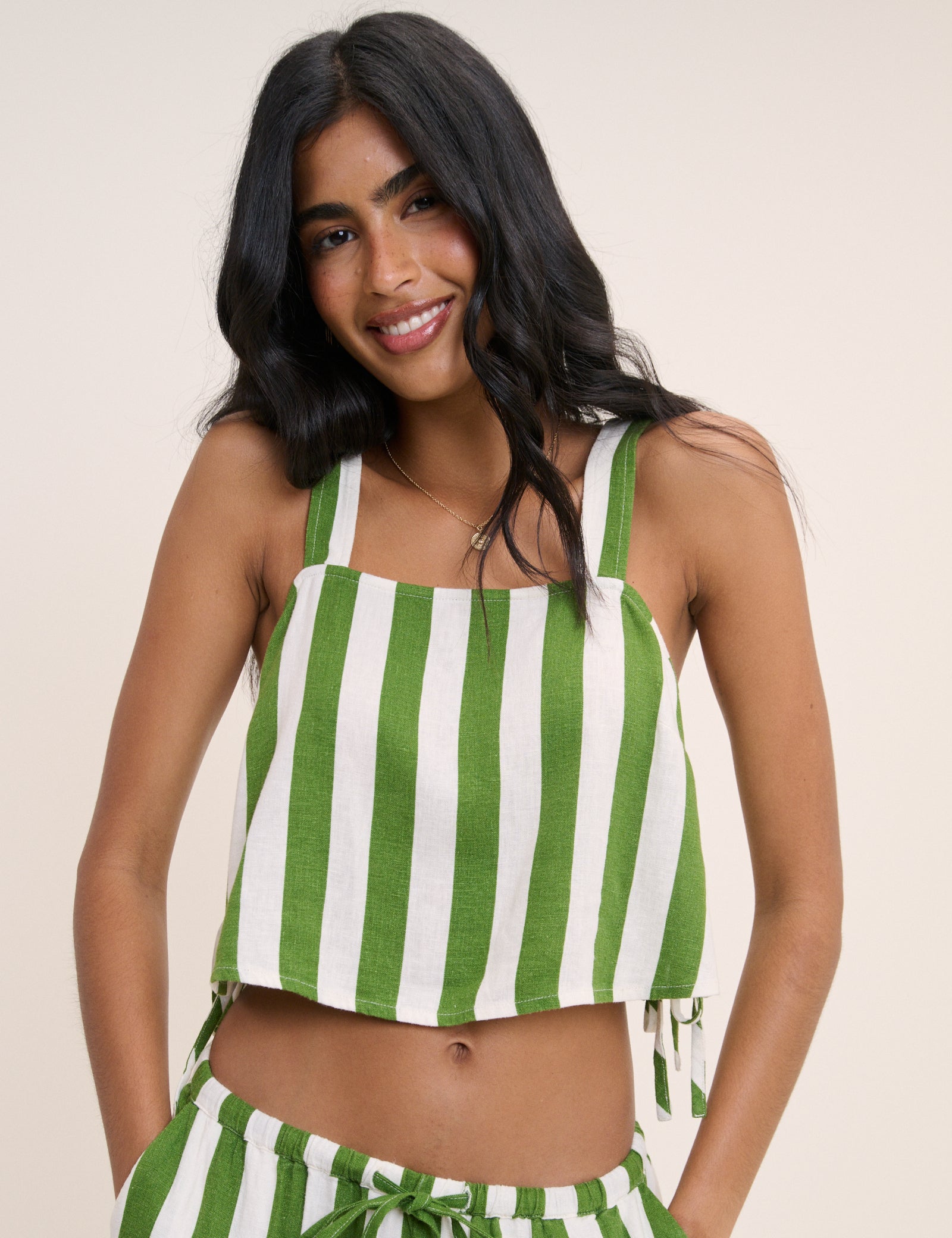 Green Striped Linen-Blend Swing Top